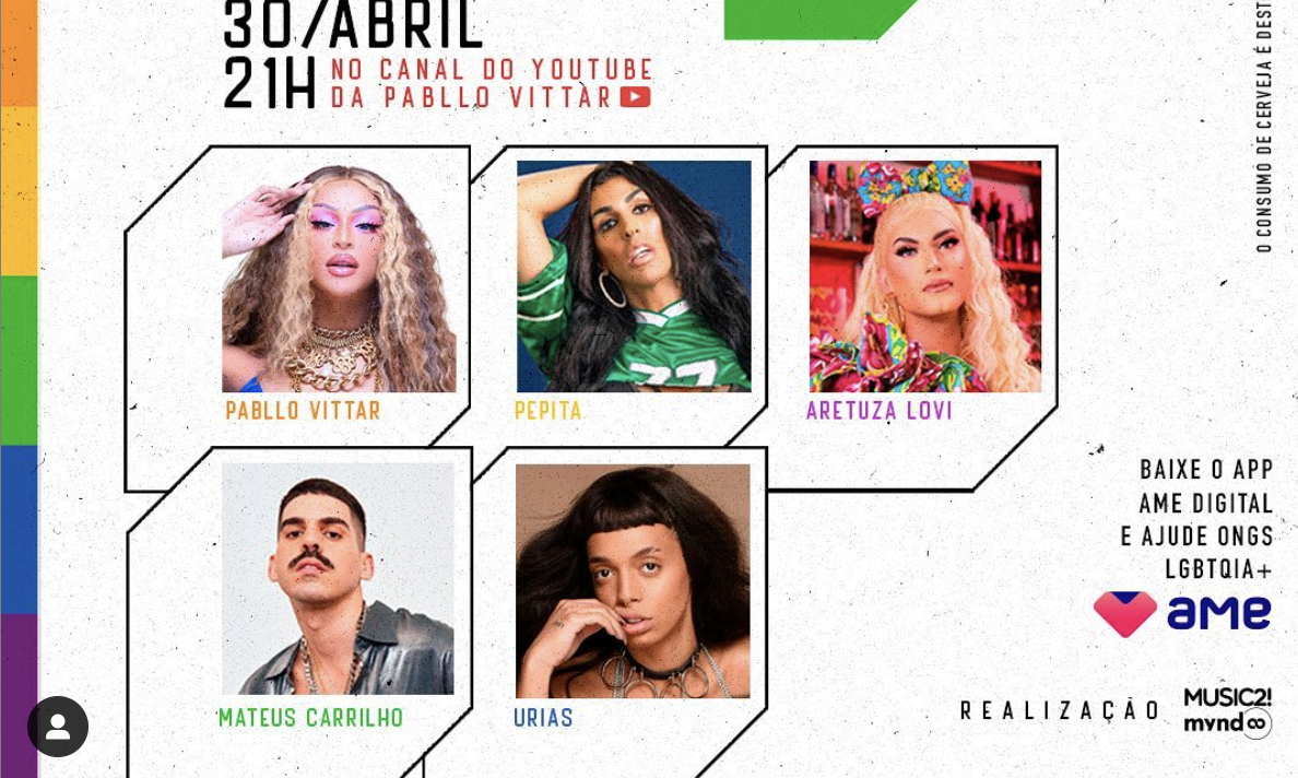 Festival do Orgulho Live contará com participação de Pabllo Vittar, Mateus Carrilho e outros artistas para arrecadar doações para ONGS LGBTQIA+. Confira!