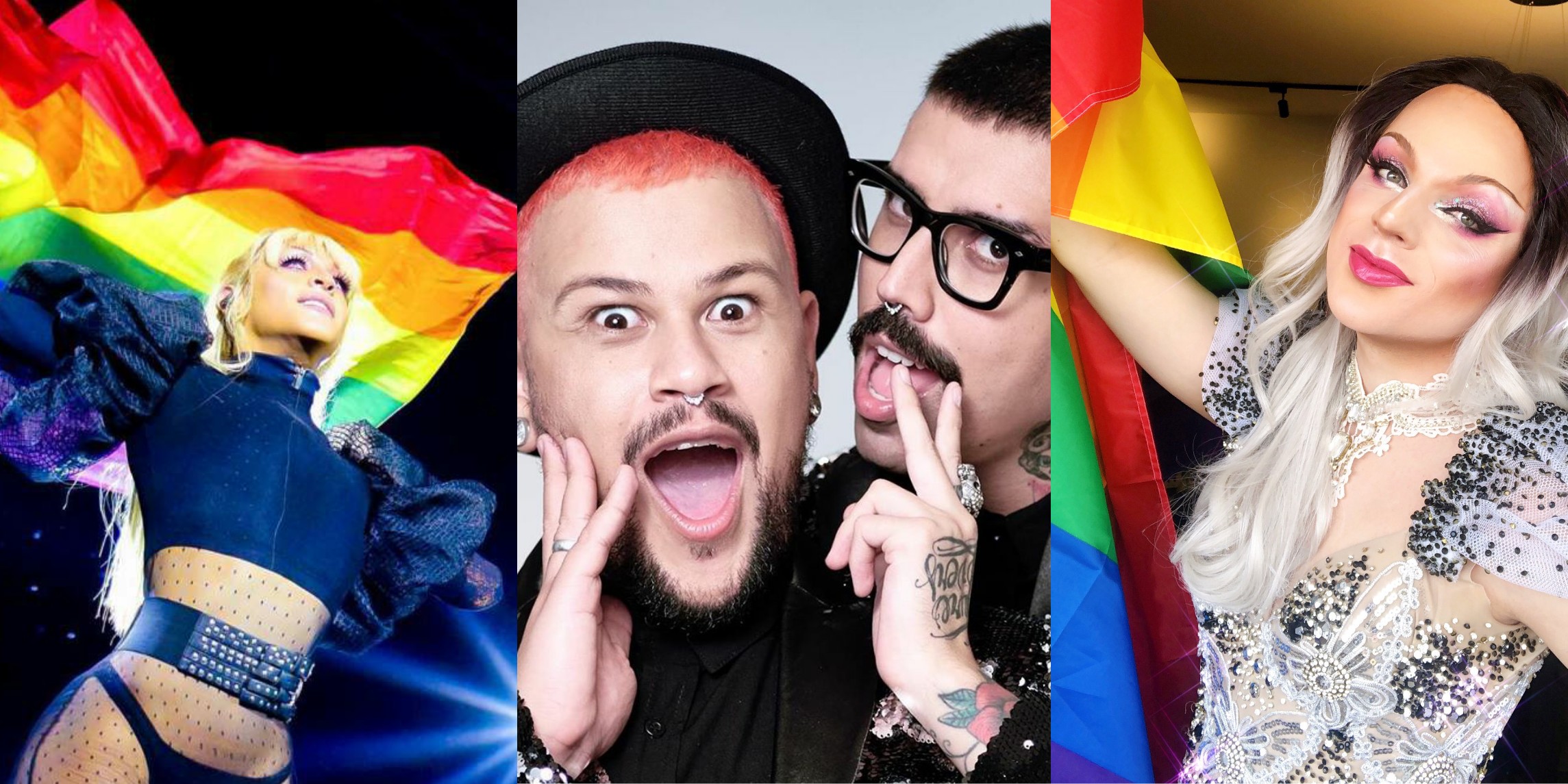 Na primeira foto, Pabbllo Vittar com peruca loira segurando bandeira LGBT, na segunda foto Edu e Fih posando e na terceira foto, Lorelay Fox segurando bandeira LGBT.