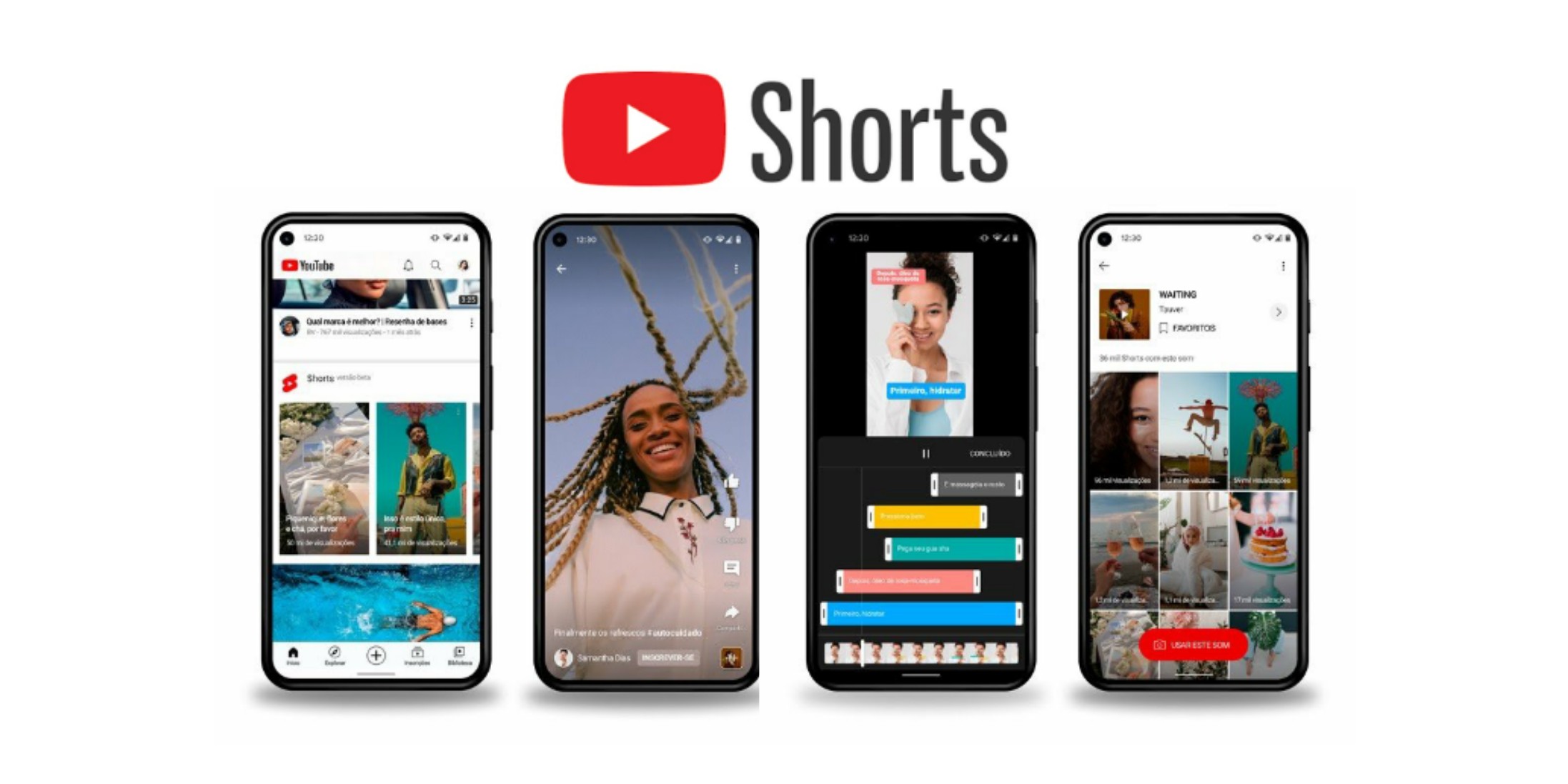 Quatro telas de celular mostram o layout do Youtube Shorts. Acima consta o símbolo vermelho do Youtube ao lado da palavra "Shorts".